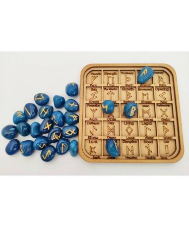Buy Sharvgun Blue Agate Rune Stone Set - 25 Pieces Engraved MDF Chart Velvet Pouch & Gift Box | Perfect Pagan Gift - Buy Online on GoSupps.com