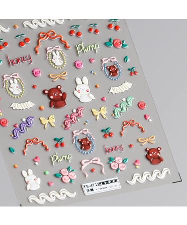 5D Cute Animal Bear Embossed Nail Stickers - Set of 3 Sheets | Self-Adhesive Nail Decals for Girls and Kids | Flower Cherry Rabbit Design | Manicure Supplies - Buy Online on GoSupps.com