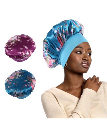 2Pcs Satin Bonnet  Silk Bonnets  Hair Bonnet for Sleeping  Hair Wrap for Curly Hair Braids (Purple Blue)