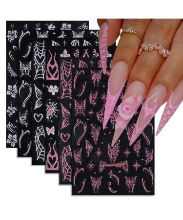 6 Sheets 5D Pink Butterfly Nail Stickers for Nail Art Heart Nail Decals Nail Stickers Self-Adhesive Pegatinas U as Flowers Heart Stickers Design Decoration Accessories for Daily Glitter