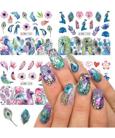 Peacock Nail Art Stickers Feather Nail Sticker CHANGAR Flower Leaf Grass Water Nail Decals 12 Sheets Peacock Feather DIY Nail Decorations Manicure Tips for Woman Girl Children - Buy Online on GoSupps.com