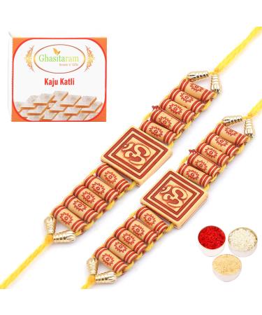 Ghasitaram Gifts Rakhi for Brother Rakhis Online- Substance of Om d0001 Rakhi with 400 GMS of Kaju katli Set of 2 Rakhis with 400 gms of Kaju katli