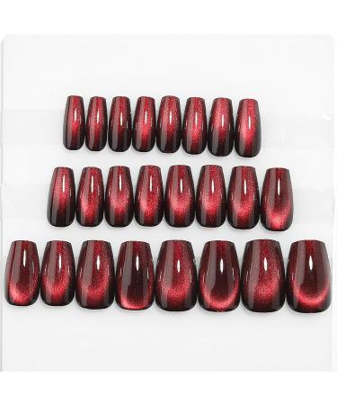 Dark Red Cat Eye Press On Nails - Medium Coffin Fake Nails | KKUUOO Handmade Velvet & Glitter Designs - 24Pcs Full Cover Glossy Stick On Nails for Women & Girls - Buy Online on GoSupps.com