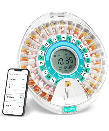 Smart Automatic Pill Dispenser - Bluetooth Automatic Medication Dispenser 28 Day Electronic Pill Dispenser for Elderly with Alarm & Sound Light Timed Medicine Dispenser for Prescriptions & Vitamins White & Green 10.43 x 9.33 x 3.82 Inch
