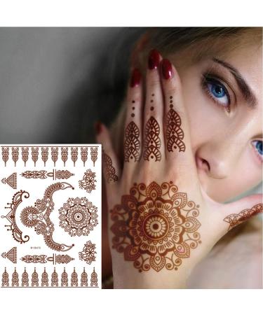 6 Sheets Brown Henna Temporary Tattoo Stickers Lace Pattern Fake Tattoos Mystery Sexy Mandala Flower Body Art Design Waterproof Henna Sticker for Women Girls DIY on Body Face Arms Legs (Brown)
