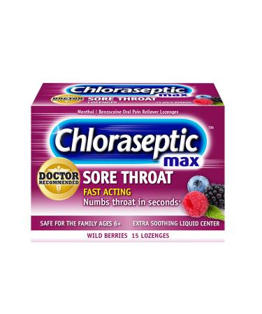 Chloraseptic Max Strength Sore Throat Lozenges, Wild Berries Flavor, 15 Count 15 Count (Pack of 1) Wild Berries