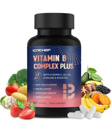 CNCHEF 17-in-1 Vitamin B Complex Plus Vitamin B1 B2 B3 B4 B5 B6 B7 (Biotin) B8 (Inositol) B9 B12 C D3 K2 Energy Immune Skin Nerve Support for Men & Women - 120 Capsules - Buy Online on GoSupps.com