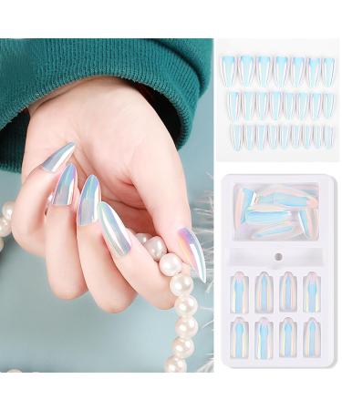 ZASKHLD 24pcs Chrome Press on Nails Holographic Light Fake Nails Almond Mirror Glue on Nails Luxury Metallic Chameleon False Nails Soft Reusable for Women Acrylic Coffin Nails Decor Nails Salon Medium Length - A8 - Buy Online on GoSupps.com