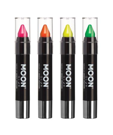 Moon Glow - Blacklight Neon Face Paint Stick/Body Crayon makeup for the Face & Body - Intense set of 4 colours - Glows brightly under blacklights