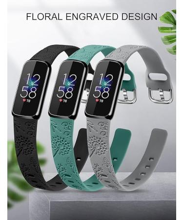 Minyee Soft Silicone Floral Engraved Sport Strap Dandelion Wristband Replacement Compatible with Fitbit Luxe Bands for Women for Fitbit Luxe Watch Bands - pack of 3 - Black & Green & Gray - Buy Online on GoSupps.com