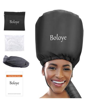 Bonnet Hair Dryer - Boloye Soft Bonnet Hood Hair Dryer Attachment with Heat Protector Headband to Reduces Heat Around Ears - Used for Curl, Hair Styling, Deep Conditioning and Hair Drying (Black)