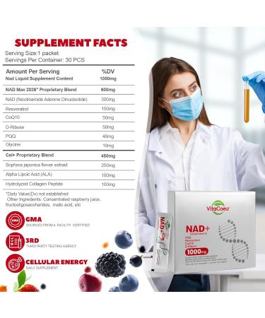 VitaCoeur 1000mg NAD+ Supplement Liquid with Organic Resveratrol Nicotinamide Riboside & PQQ CoQ10 ALA Boost Energy Focus DNA Repair & Healthy Aging NAD Resveratrol for Men & Women(30 PCS) - Buy Online on GoSupps.com