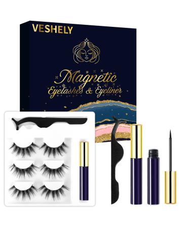 VESHELY Mink Magnetic Eyelashes with Eyeliner,3 Pairs Mink Dramatic Faux Magnetic Eyelash Kit,3D&5D Long Fake False Reusable Magnetic lashes-No Glue Needed