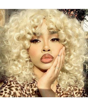 PHOENIXFLY Short Loose Curly Wigs Heat Resistant Fiber Fluffy Weave Curl Afro Synthetic Hair Wig Natural Daily Wigs for Black Women and White Women Breathable Rose Net Wigs (613 Blonde) Blonde/613
