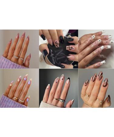 Eliongpu 6 Packs (144 Pcs) Press on Nails Medium False Nails Almond and Square Full Cover Stick on Nail Artificial Acrylic Fake Nails DIY Manicure with Adhesive Tabs for Nail Art E01