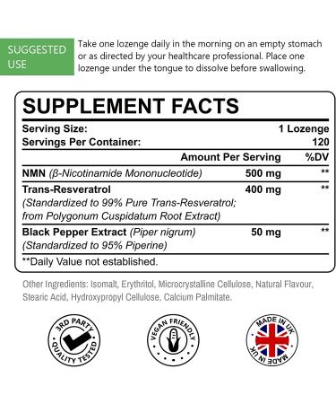 Sublingual NMN 500mg + Trans-Resveratrol 99% Purity Supplement - 3-in-1 Advanced Formula for NAD+ Boost, Anti-Aging, Immune Support - 120 Lozenges - Buy Online on GoSupps.com