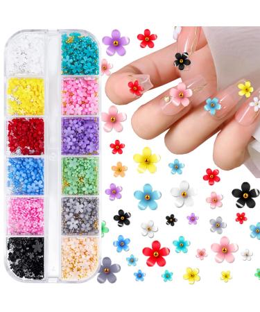 3D Flower Nail Charms  12Colors 3D Acrylic Flower Nail Rhinestones with Gold Silver Pearl Caviar Beads Spring Small Flores Nail Art Design for DIY Decoration Flower 1