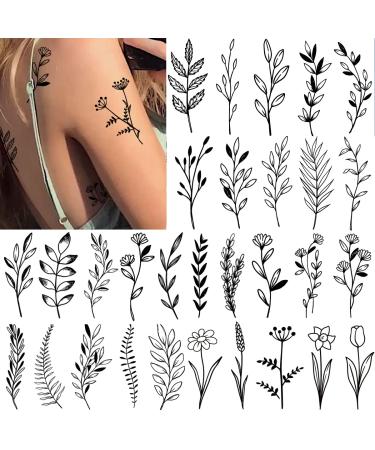 Tazimi 12 Sheets Black Flower Temporary Tattoos for Women Girls Black Small Wild Floral Bouquet Tiny Branch Floral Wild Plants Sketch Tattoo Stickers for Women Body Art Arm