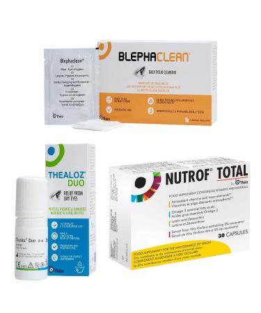 Hayfever eye care set (1 x Blephaclean 20 eyelid wipes 1 x Thealoz Duo 10 ml and 1 x Nutrof total 30 capsules)