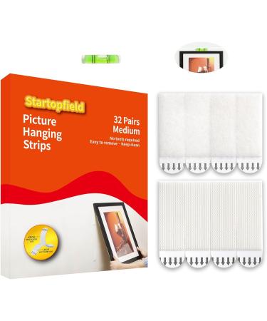 startopfield 32-Pairs(64 Strips) Medium Picture Hanging Strips Heavy Duty, Picture mounting Strips,Removable Hook and Loop Tape,Perfect for Wall Art Hanging Frames, Posters Medium-32 Pairs