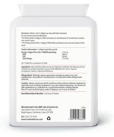 Vegan Omega 3 Algal Oil 1332mg - 732mg Omegas, 400mg DHA, 200mg EPA - Sustainable Plant Source - 90 Capsules - Buy Online on GoSupps.com