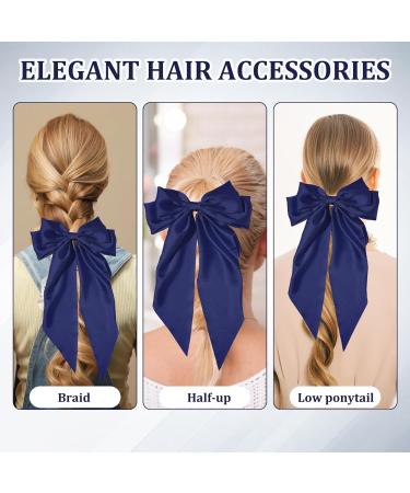 Blue Hair Bow Big Hair Bows for Women Solid Color Bow Hair Clips with Long Ribbon French Blue Bow Hair Clip Soft Satin Silky Hair Bows Cute Gifts for Women Girls (Navy Blue) - Buy Online on GoSupps.com