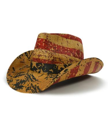 FLUFFY SENSE. Vintage USA American Flag Cowboy Hat Classic Western Style Tea Stained Unisex Cowboy Cowgirl Hat Muddy Yellow