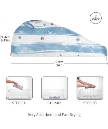 Super Absorbent Whale Striped Hair Towel 2 Pack - Quick Dry Hair Turbans for Women & Girls - Light Blue & White - Buy Online on GoSupps.com