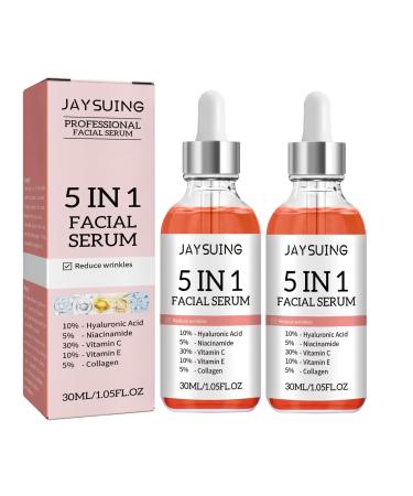 5 In 1 Facial Serum 30% Vitamin C Face Serum Anti Aging Reduces Wrinkles Hydrating Collagen Facial Serum with Niacinamide Hyaluronic Acid Vitamin E 1.05 Fl.oz 2PCS