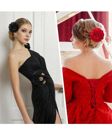 Bofunx 2-Piece Flower Hair Clips | Red & Black Brooch Hair Jewelry for Parties Weddings Halloween & Masquerades - Buy Online on GoSupps.com