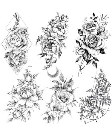 COKTAK 6 Pieces/Lot 3D Realistic Large Black Rose Flower Temporary Tattoos For Women Body Art Arm Big Peony Geometric Tattoo Stickers Adults Fake Waterproof Tatoo Legs Sketch Sexy Girl Peach Lily