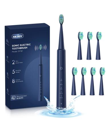 Sejoy Sonic Electric Toothbrush for Adults with W/8 Duponts Brush Heads Color-Changing Bristles One Charge for 120 Days 5 Modes 2 Minutes Smart Timer 30 Seconds Intelligently Pause IPX7 Waterproof Blue