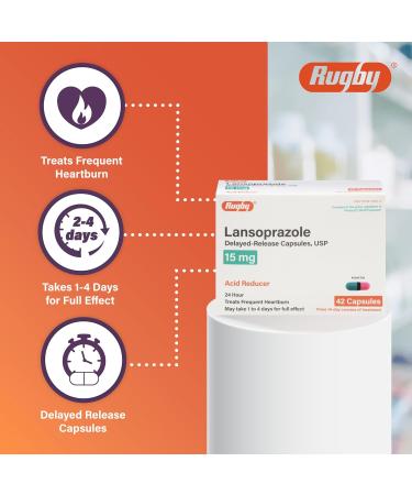 Rugby Lansoprazole Delayed Release USP 15 Mg - Acid Reducer - 24 Hour - Treats Frequent Heartburn - Three 14-Day Courses of Treatment - 42 Capsules (1-Pack) 42 Count (Pack of 1) - Buy Online on GoSupps.com