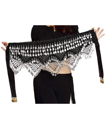Belly Dance Hip Scarf for Women S/M/L/XL Black Silver S/M.