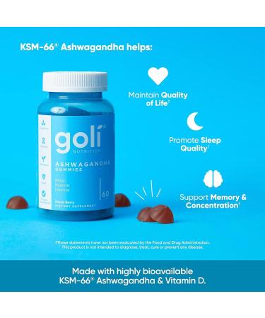 Goli Ashwagandha & Vitamin D Gummy - 60 Count - Mixed Berry KSM-66 Vegan Plant Based Non-GMO Gluten-Free & Gelatin Free Relax. Restore. Unwind Pack of 1 - Buy Online on GoSupps.com