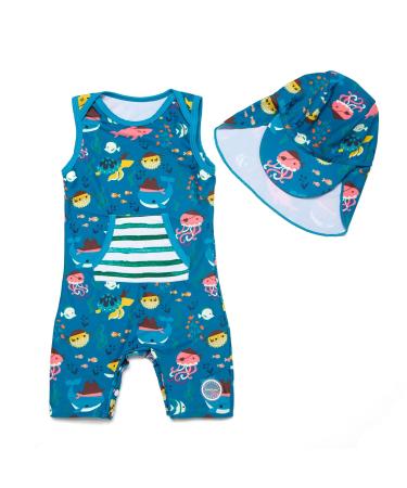BONVERANO Baby Boys Swimsuit Toddler Bathing Suit Short-Sleeve Zipper One Piece Swimwear with UPF 50+ Sun Protection 9-12 Months Sleeveless