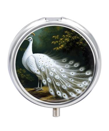 Round Pill Box White Peacock Print 3 Compartment Medicine Pill Case Print Pill Organizer Decorative Metal Portable Pill Box Pocket Pill Box Style-2