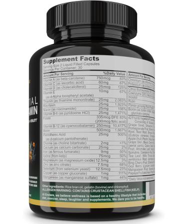 Essential Multivitamin for Women & Men Complete Daily Multi Vitamin with Vitamin D C B12 & B Vitamins + Minerals Folic Acid Iron Zinc 42 Fruit & Vegetable Superfood Blend 60 Liquid Capsules - Buy Online on GoSupps.com
