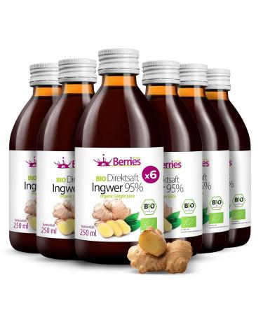 Organic ginger juice 6 Pack (6x250ml) - organic pure ginger direct juice - cold -pressed ginger mother juice - without dyes without sugar without GMO without preservatives vegan vegetarian berriespolska ginger 250 ml (6 Pack)