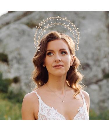 Goddess Crown Headpiece Headband Metal Pearl Hairband Golden Hair Band for Women Girls Mardi Gras Hair Accessories Lolita Carnival Cosplay Costume Party - Buy Online on GoSupps.com