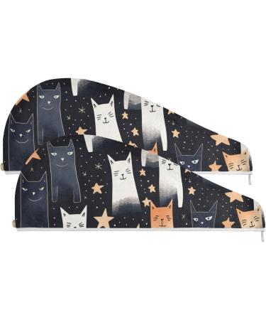 Cute Cats Stars Hair Towel 2 Pack - Super Absorbent Quick Dry Hair Turbans for Women & Girls | Perfect Hair Drying Solution - Buy Online on GoSupps.com