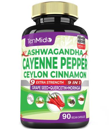 Tenmido Cayenne Pepper Supplements Capsules 3 Months Supply & Ashwagandha Ceylon Cinnamon Grape Seed Quercetin Moringa Ginkgo Biloba - Heart Wellness Promotes Digestive Health -90 Caps