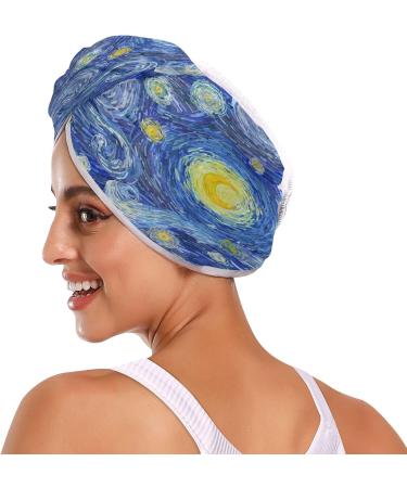 Glowing Moon & Starry Oil Painting Dry Hair Cap Set | Quick Drying Towel & Button Headband | Super Absorbent & Soft - Buy Online on GoSupps.com
