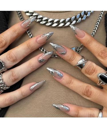 French Tip Press on Nails - Medium pointed tip Press On Nails with Nail Tips Silver Almond Shaped Design press on nails Acrylic False Nails Cute Artificial Nails