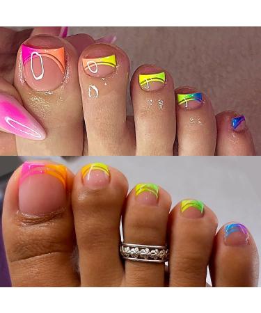 Neon Press on Toenails - Short Square Glue-On Gradient Rainbow French Tips | Summer Beach Fake Toenails for Women - Buy Online on GoSupps.com