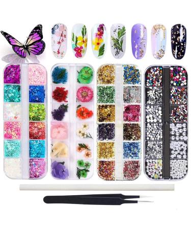 Kalolary Butterfly Nail Sequins Nail Dried Flowers Shiny Foil Nail Shavings Nail Art Rhinestone with Tweezers Nail Art Rhinestone Picker Pencil For Female DIY nail decoration