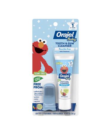 Orajel Baby Elmo Tooth & Gum Cleanser Fluoride-Free  1 Finger brush  1 Toothpaste 1oz  1 Pediatrician Recommended Fluoride-Free Toothpaste*