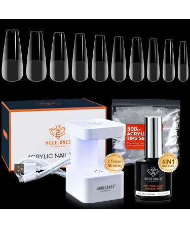 Modelones Nail Tips and Glue Gel Kit, Gel x Nail Kit with 4 In 1 Nail Glue Gel, 500Pcs Half Matte Coffin Nails and Portable U V LED Nail Lamp Fast Nail Extension Set Valentines Day Gifts for Women D-Coffin Tips 500