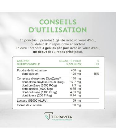 Digestive ENZYMES | Lactase + Digezyme Complex Patented + Turmeric | Lactose Intolerance Difficult Digestion and Bloating | Basifying Mix | 60 Vegan Capsules | Made in France Terravita - Buy Online on GoSupps.com