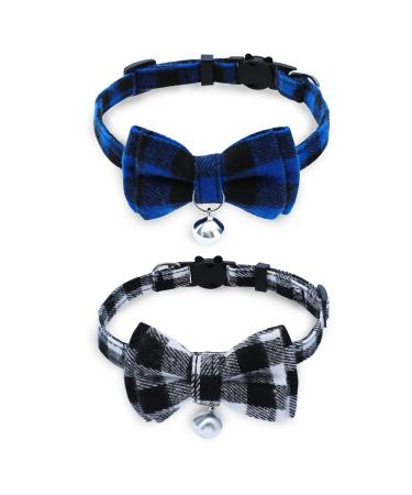 BuntyJoy Breakaway Cat Collar with Cute Bow Tie and Bell, Cat Collars for Boy & Girl Cats, Safety Kitten Collars, Stylish Plaid Patterns, 1, 2 or 4 Pack 7-11'' (pack of 2) Blue & Black